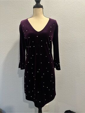 Plum Velvet Long-Sleeve V-Neck Dress with Stud Embellishments
